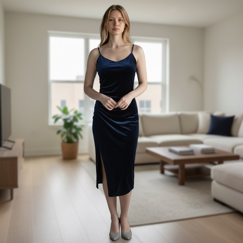 Queenia Navy Blue Velvet Midi Slip Dress Rush Side Slit Sz L Babydoll Y2K